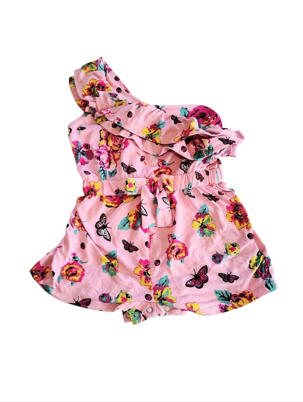 Betsy Johnson Pink Butterfly Floral One Shoulder Romper Size 24 Months Infant